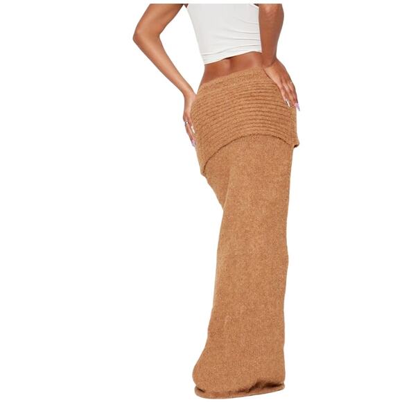NWT PrettyLittleThing Mocha Soft Bobble Knit Foldover Maxi Skirt Size S - Picture 2 of 11